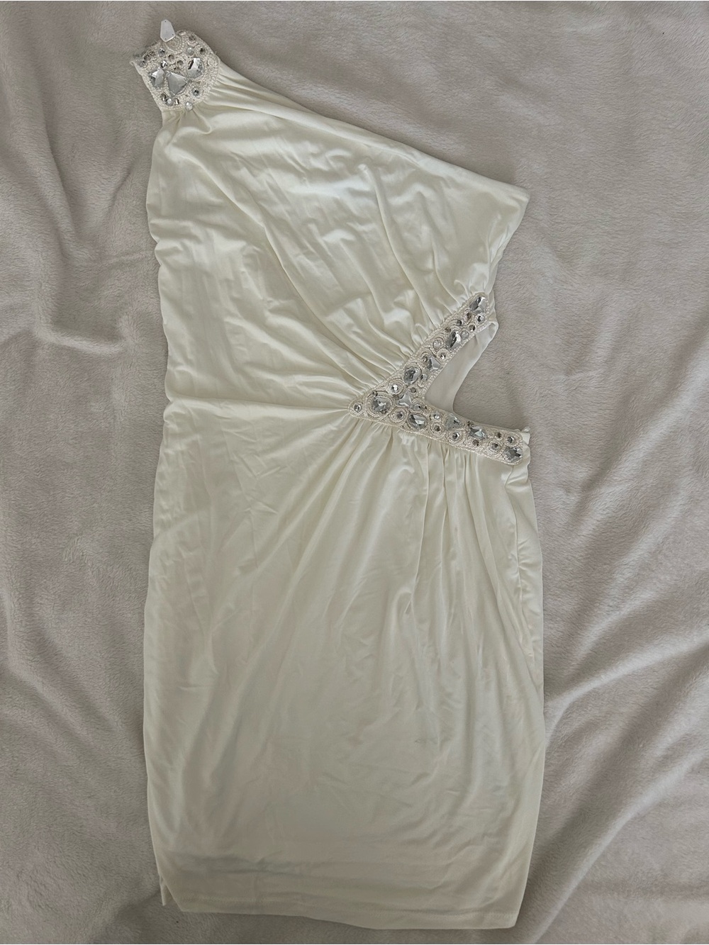 Jane Norman Ivory One-Shoulder Crystal Embellished Dress